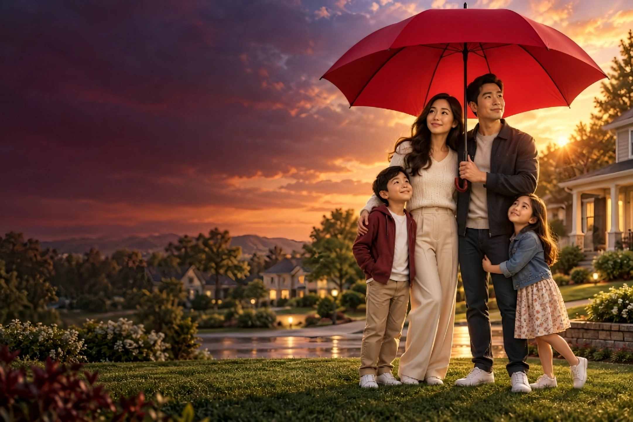 A Vietnamese American family under a red umbrella outside their home
